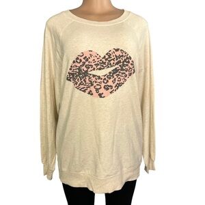 Wildfox Cozy Pink Leopard Lips Statement Sweatshirt in Oatmeal